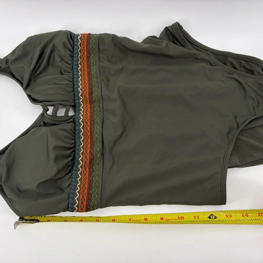 Sonnet‎ Shores One Piece Swimsuit Olive Green Women Size 12 Bohemian Stripe Band